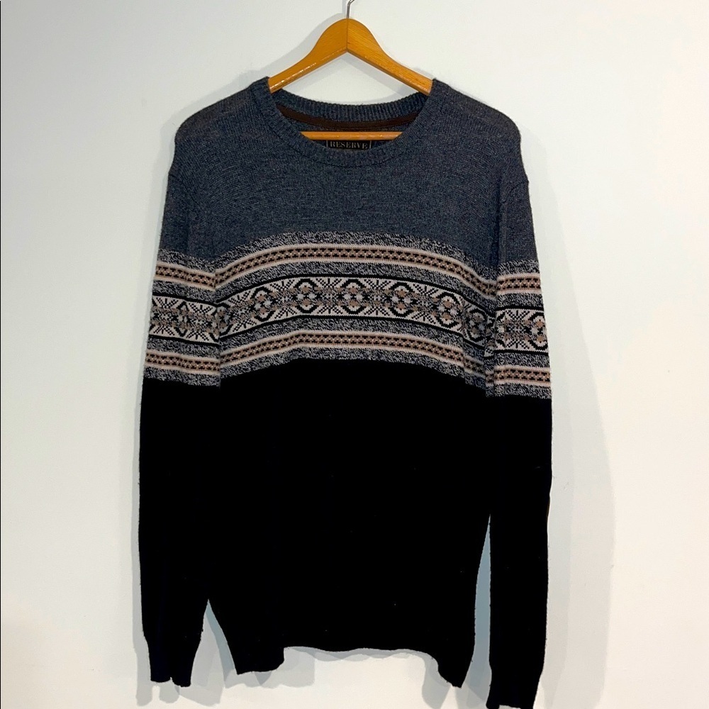 JOS A. BANK RESERVE Wool Crewneck Sweater Elbow Patches Mens Large Gray Black
